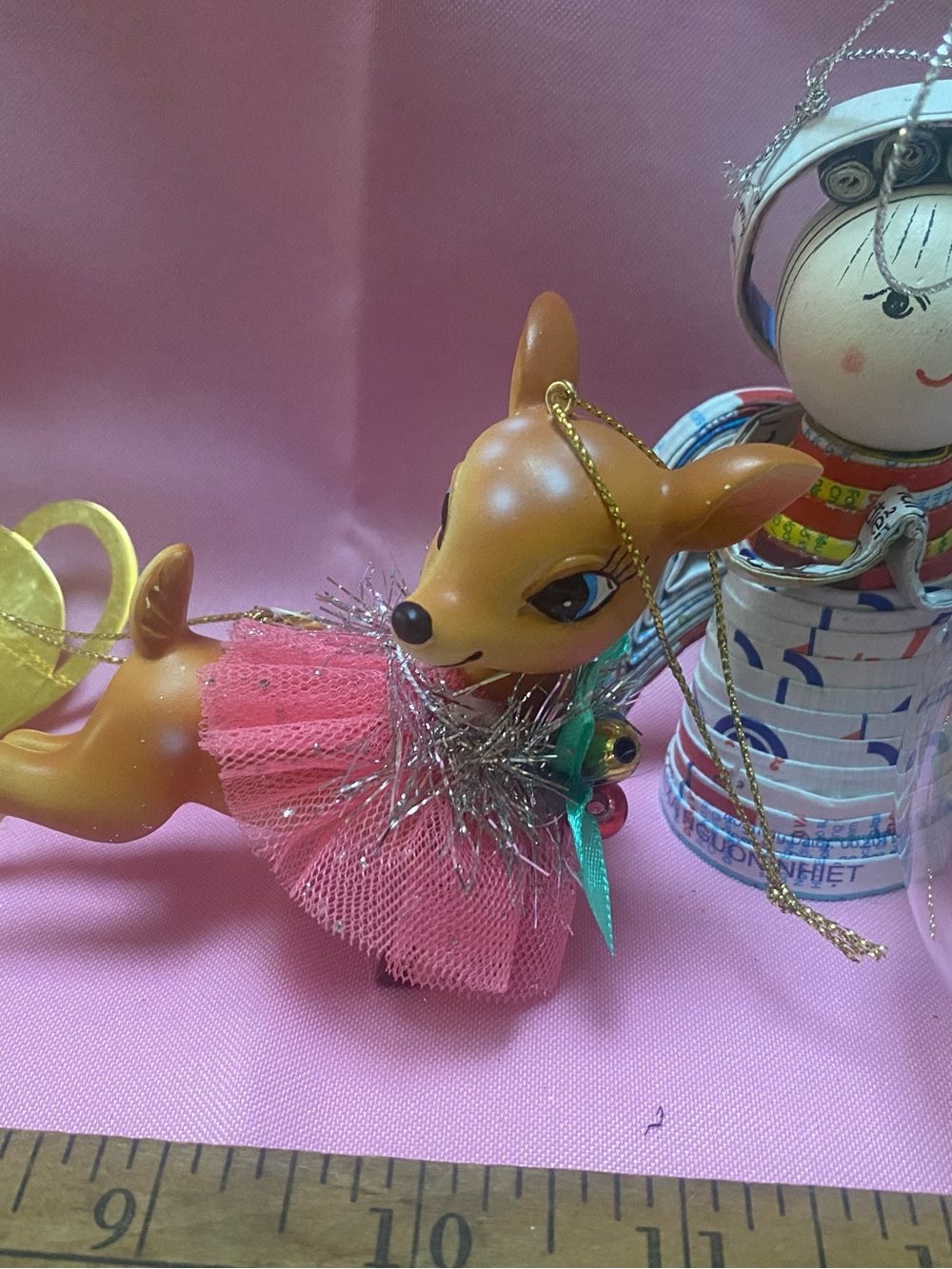 Lot Vintage Small Pet Deer Ornament in Pink Dress and others
